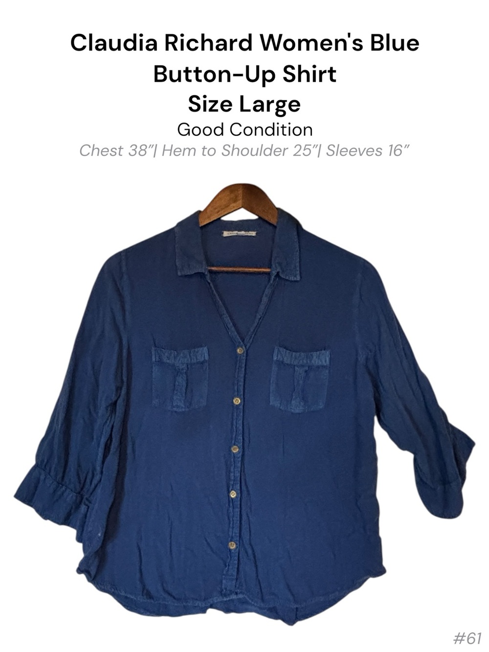 Claudia Richard Women’s Blue Button-Up Shirt Relaxed Fit Pockets Size Large